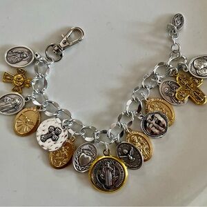 CHARM BRACELET St Benedict, Saints, Silver & Gold Tone Catholic Charm Bracelet